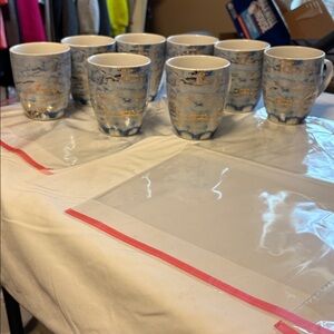 8 American Atelier Blue and Gold Artistic 4” Coffee Mugs.